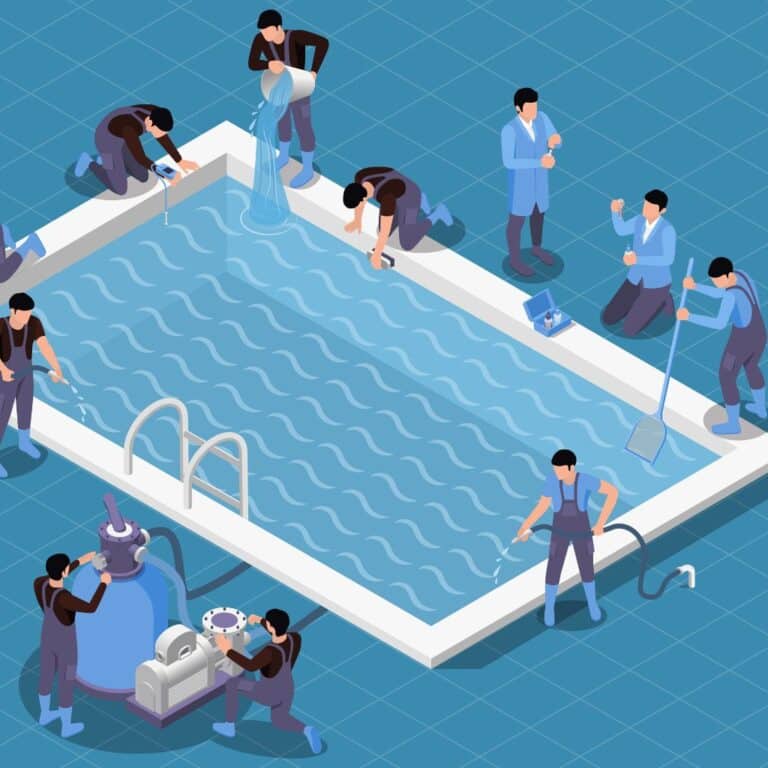 Workers around a swimming pool, representing supply and installation of pool accessories and machinery